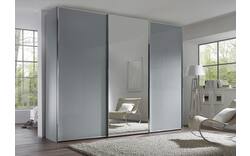 Slaapkamerkast 249 cm breed, 222 cm hoog, 2 glas schuifdeuren en 1 spiegel schuifdeur midden