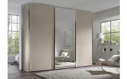Slaapkamerkast 249 cm breed, 222 cm hoog, 2 glas schuifdeuren en 1 spiegel schuifdeur midden